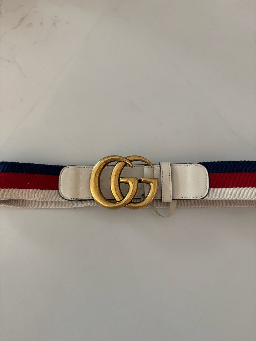 Gucci Cream Leather Belt with Red & Navy Web Stripe and Gold GG Buckle